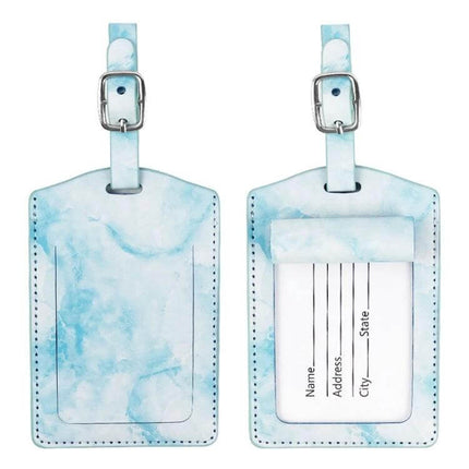 Marbled PU Leather Luggage Tag for Easy Travel Identification - blue marble ID tag with buckle strap, front and back card window (11×7 cm)