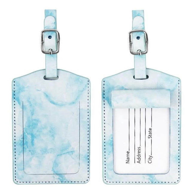 Marbled PU Leather Luggage Tag for Easy Travel Identification - blue marble ID tag with buckle strap, front and back card window (11×7 cm)