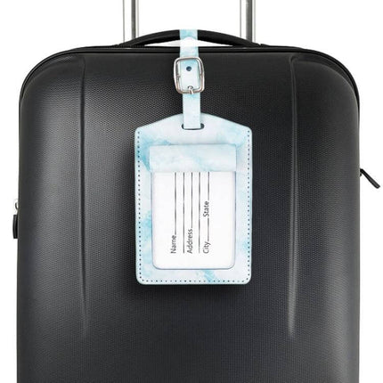 Marbled PU Leather Luggage Tag for Easy Travel Identification on black suitcase, marble-pattern PU leather, compact ID window