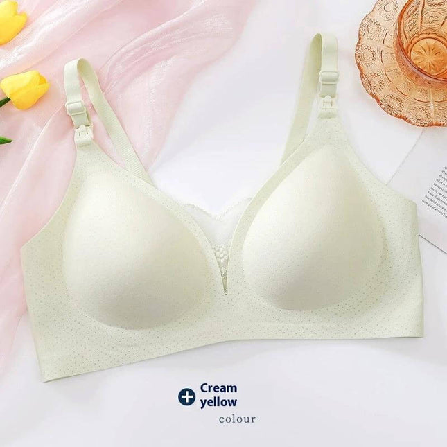 Maternity Wireless Lace Seamless Bra Cream Yellow For Everyday Comfort - cream yellow wireless maternity bra with lace trim, seamless cups for pregnancy/postpartum
