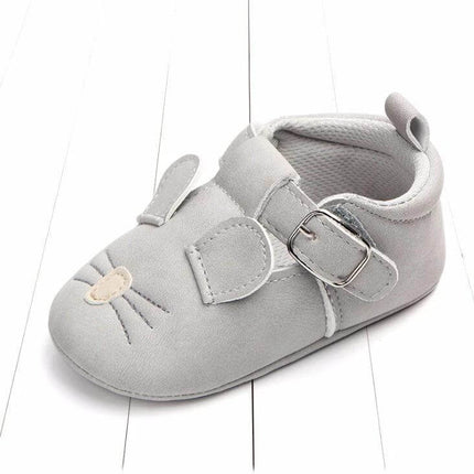 Matte Leather Cartoon Baby Shoes Non Slip Soft Sole Sizes 10-12cm - gray nubuck first walker with velcro strap and non-slip soft sole, bunny face detail