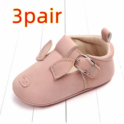 Matte Leather Cartoon Baby Shoes Non Slip Soft Sole Sizes 10-12cm - pink nubuck first-walker shoe with velcro strap and non-slip textured soft sole