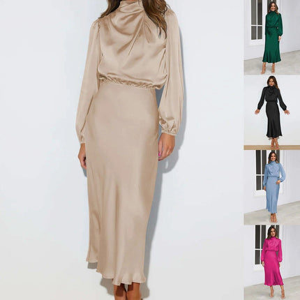 Satin Halterneck Mid Length Dress With Long Sleeves For Evening in champagne matte satin with lantern sleeves and stitched patchwork skirt