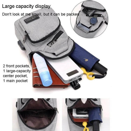 MeiJieLuo Simple Men Chest Bag For Everyday Lightweight Carry showing compact gray chest bag with power bank umbrella wallet and phone, USB port visible