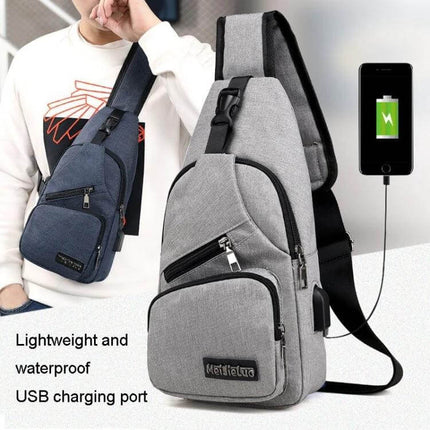 MeiJieLuo Simple Men Chest Bag For Everyday Lightweight Carry gray sling with USB charging port, compact waterproof Oxford fabric, front pockets
