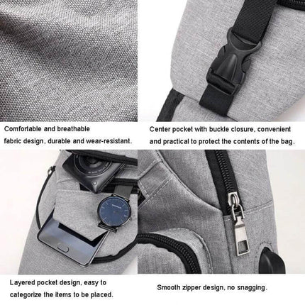 MeiJieLuo Simple Men Chest Bag For Everyday Lightweight Carry showing gray Oxford fabric, zipper, buckle and organized pockets