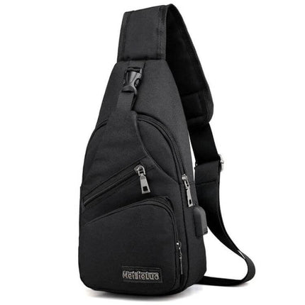 MeiJieLuo Simple Men Chest Bag For Everyday Lightweight Carry - black compact Oxford fabric sling with USB port, multiple zip pockets