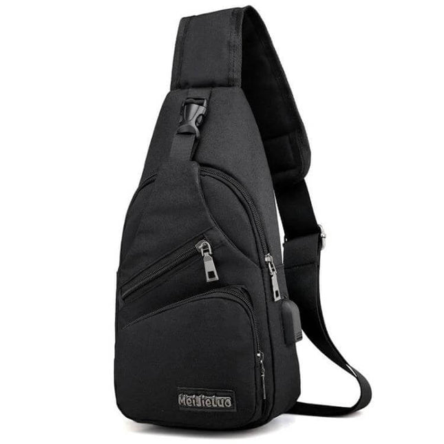 MeiJieLuo Simple Men Chest Bag For Everyday Lightweight Carry - black compact Oxford fabric sling with USB port, multiple zip pockets