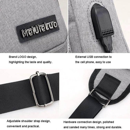 MeiJieLuo Simple Men Chest Bag For Everyday Lightweight Carry showing logo, external USB port, adjustable strap and hardware details