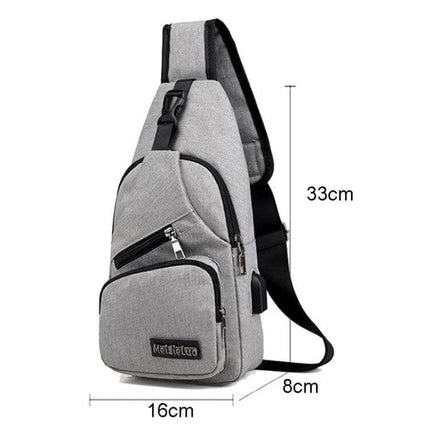 MeiJieLuo Simple Men Chest Bag For Everyday Lightweight Carry gray compact sling bag with USB port and dimensions 33x16x8cm