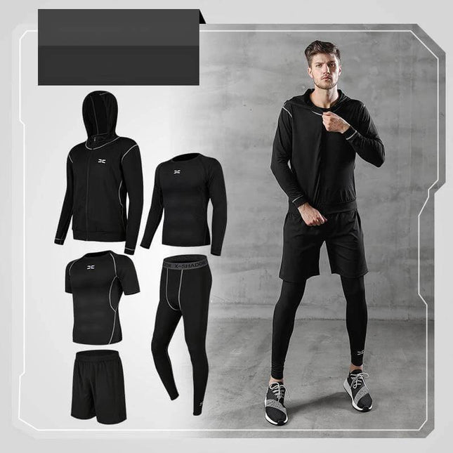 Running quick-drying basketball sports suit five-piece training suit Male black quick-dry 5-piece set for running fitness cycling, combed cotton polyester