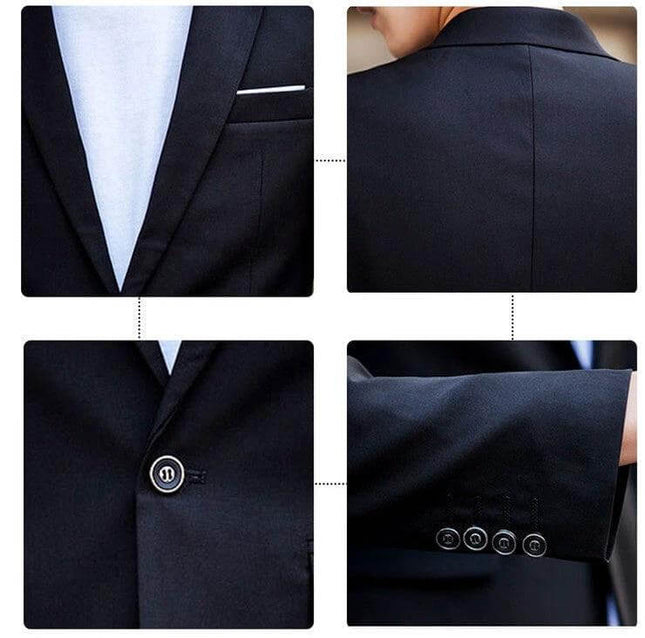 Men's 3-Piece Suit for Wedding and Business Events showing black jacket lapel, back, front button and cuff details with white shirt