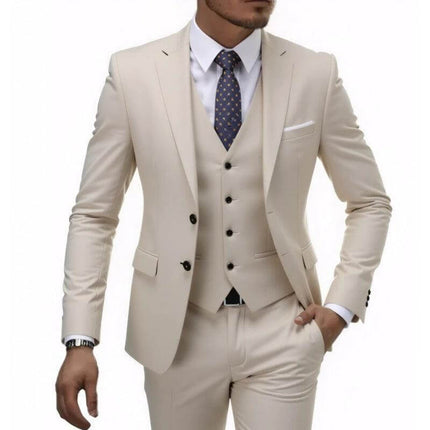 Men's Business Casual Slim Fit Suit For Wedding Parties in beige three-piece set, wrinkle-resistant polyester blend for office and events