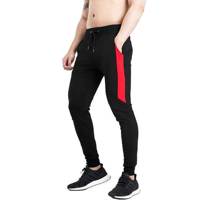 Men Training Pants Cotton Blend For Daily Running Wear slim black joggers with red side stripe, breathable mid-rise fit for workouts and casual wear