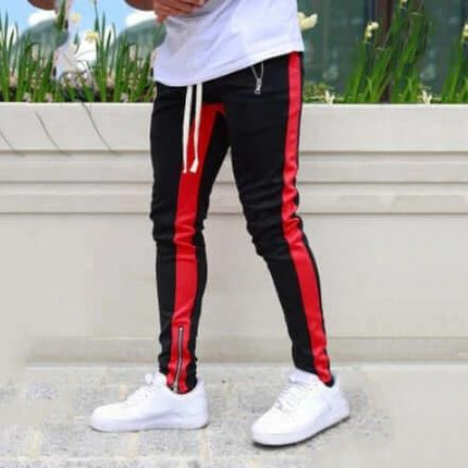 Men's Cotton Joggers for Everyday Casual Wear and Comfort - black joggers with red side stripe, zip ankle and white sneakers