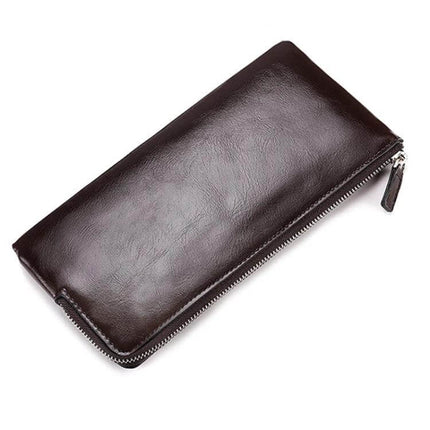 Men's Long Leather Wallet With Zipper Phone Bag Black slim soft leather long wallet with external phone slot, card pockets, cash and zip coin pocket