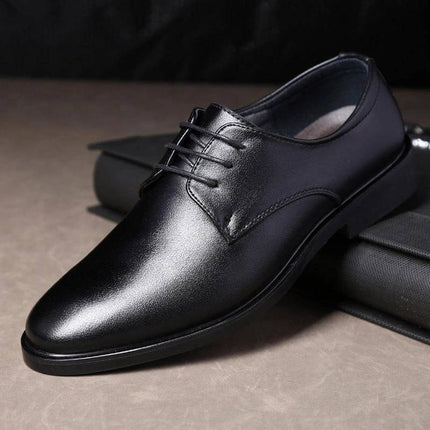 Men's Pointed Dress Shoes For Wedding And Business In Black – microfiber upper, narrow toe, low wedge heel, breathable shock-absorbing sole