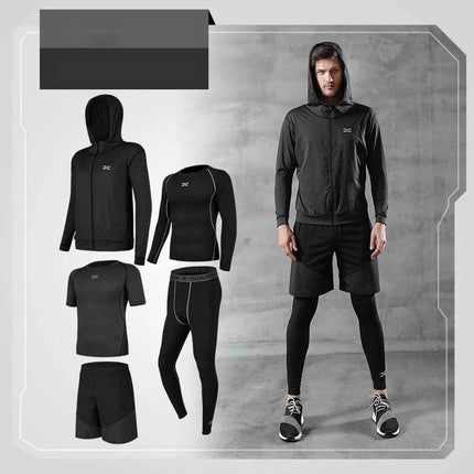 Running quick-drying basketball sports suit five-piece training suit - male model wearing black hooded jacket, compression top, shorts, leggings, quick-dry fabric