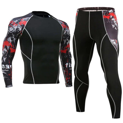 Sportswear Milk Silk Quick-Dry Running Suit For Everyday Use - black long-sleeve top and compression tights with red graphic sleeves, breathable quick-dry fabric