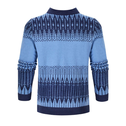 Men's Knitted Long-Sleeve Pullover Sweater For Casual Fall Wear - blue patterned crewneck with ribbed cuffs, tailored knit for layering