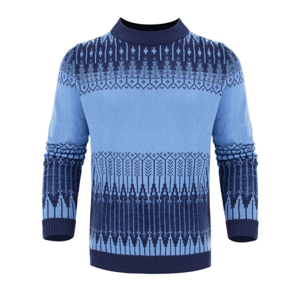 Men's Knitted Long-Sleeve Pullover Sweater For Casual Fall Wear - blue patterned crewneck with ribbed cuffs for layering
