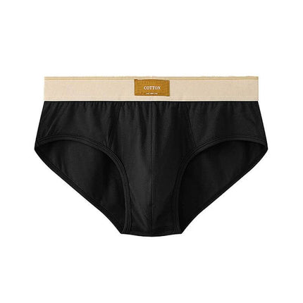 Men's Breathable Cotton Briefs Mid-Waist Everyday Comfort — black cotton brief with beige waistband, breathable mid-waist everyday support, low-bulk design