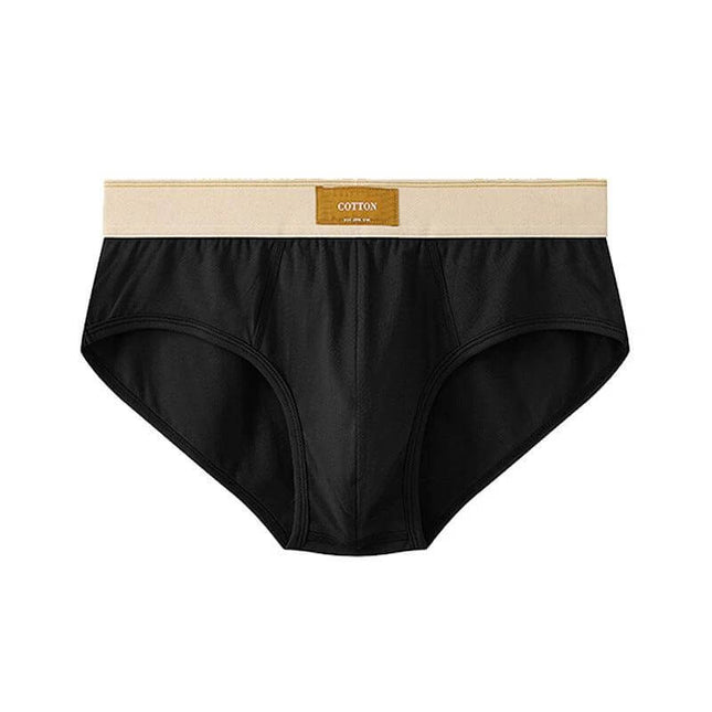Men's Breathable Cotton Briefs Mid-Waist Everyday Comfort — black cotton brief with beige waistband, breathable mid-waist everyday support, low-bulk design