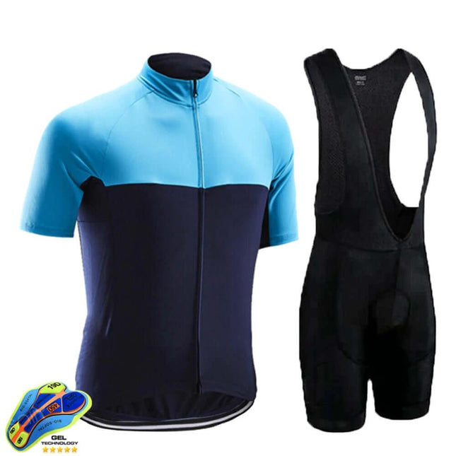 Mens Breathable Cycling Jersey For Road And Mountain Riding - lightweight blue black short sleeve zip jersey with black bib shorts