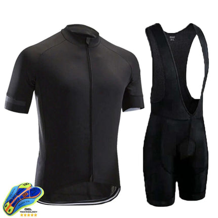 Mens Breathable Cycling Jersey For Road And Mountain Riding - solid black short sleeve zip top with matching bib shorts for high-intensity road and off-road cycling
