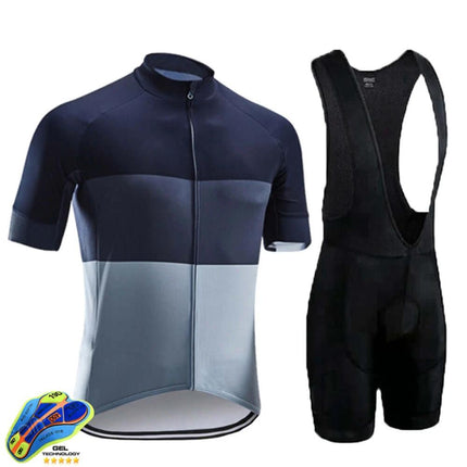 Mens Breathable Cycling Jersey For Road And Mountain Riding navy gradient short sleeve zip jersey with black bib shorts for road and mountain cycling