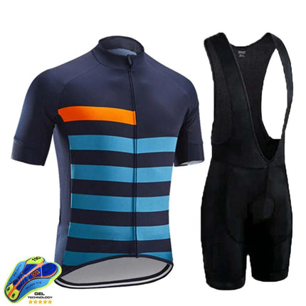 Mens Breathable Cycling Jersey For Road And Mountain Riding - navy jersey with orange & blue horizontal stripes and black bib shorts