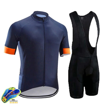 Mens Breathable Cycling Jersey For Road And Mountain Riding navy short sleeve zip jersey with orange cuffs and matching black bib shorts