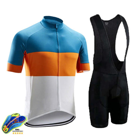 Mens Breathable Cycling Jersey For Road And Mountain Riding – blue orange white striped lightweight quick-dry short-sleeve kit with black bib shorts