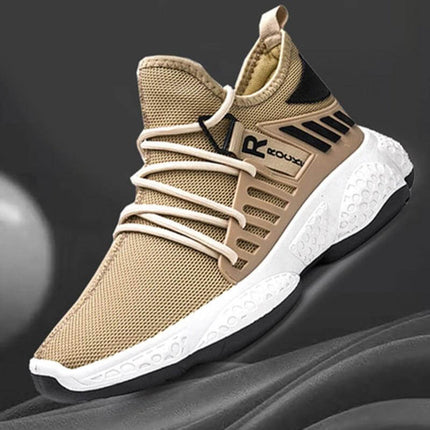 Men's Breathable Mesh Sneakers For Everyday Sports And Casual Wear - tan fly-woven mesh upper with EVA cushioned white sole, lightweight ventilated design