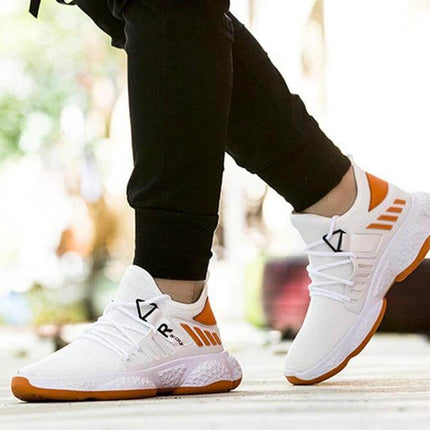 Men's Breathable Mesh Sneakers For Everyday Sports And Casual Wear - white orange fly-woven mesh shoes with EVA sole for walking and light workouts