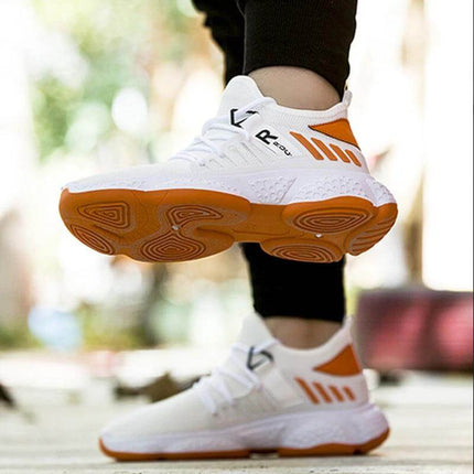Men's Breathable Mesh Sneakers For Everyday Sports And Casual Wear - white orange fly-woven mesh, EVA sole, lightweight breathable casual athletic shoe