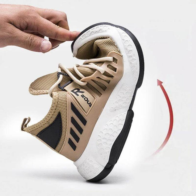 Men's Breathable Mesh Sneakers For Everyday Sports And Casual Wear lightweight tan fly-woven mesh shoe with flexible EVA sole bending demonstration