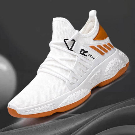 Men's Breathable Mesh Sneakers For Everyday Sports And Casual Wear - white fly-woven mesh sneaker with EVA sole and orange accents