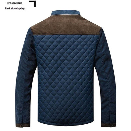 Casual Mens Plaid Cotton Jacket With Round Hem For Leisure - back view navy quilted panel, brown yoke, long sleeves, top-stitched slit pockets