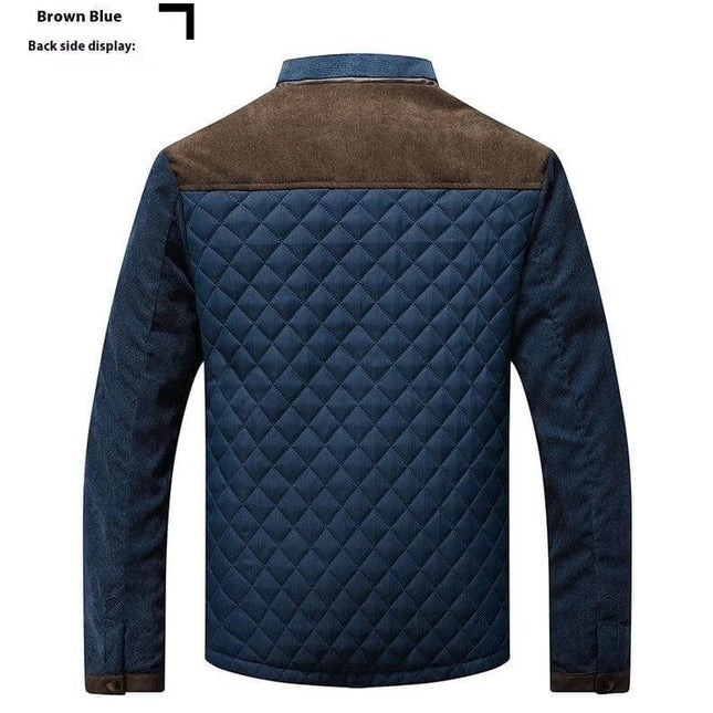 Casual Mens Plaid Cotton Jacket With Round Hem For Leisure - back view navy quilted panel, brown yoke, long sleeves, top-stitched slit pockets