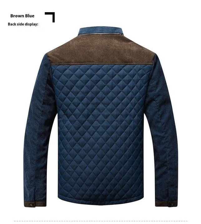 Casual Mens Plaid Cotton Jacket With Round Hem For Leisure - back view navy quilted panel, brown yoke, long sleeves, top-stitched slit pockets