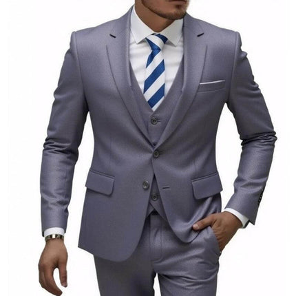 Men's Business Casual Slim Fit Suit For Wedding Parties - gray three-piece tailored suit with striped tie, wrinkle-resistant polyester blend
