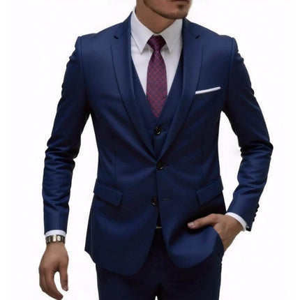 Men's Business Casual Slim Fit Suit For Wedding Parties - navy three-piece slim suit with white shirt and burgundy tie