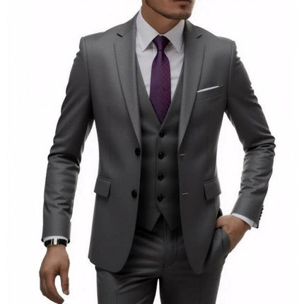 Men's Business Casual Slim Fit Suit For Wedding Parties - gray three-piece slim-fit suit with vest, white shirt and purple tie