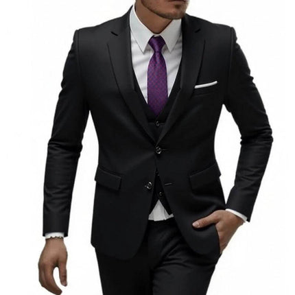 Men's Business Casual Slim Fit Suit For Wedding Parties - black three-piece suit with purple tie, wrinkle-resistant polyester blend, tailored office and formal wear