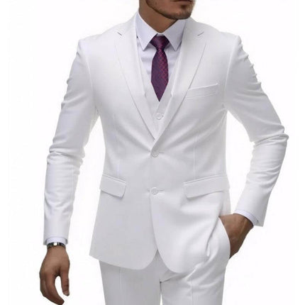 Men's Business Casual Slim Fit Suit For Wedding Parties in white three-piece set, wrinkle-resistant polyester blend, tailored office or wedding look