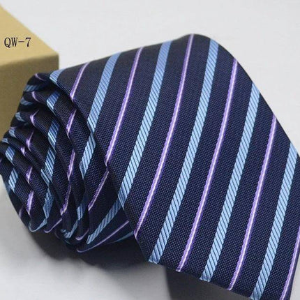 Business Dress Tie For Men Striped Polyester 8cm Width - navy with blue and purple woven stripes, jacquard texture, classic arrow tip