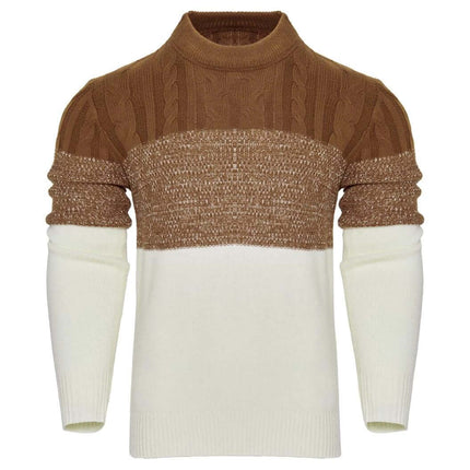 Men's Knitted Long-Sleeve Pullover Sweater For Casual Fall Wear - brown and cream colorblock knit with crew neck and ribbed cuffs