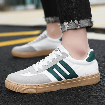 Men's Casual Canvas Sneakers White Black Board Shoe Style - white canvas sneaker with green stripe, round toe, front lace-up, gum sole, casual daily wear
