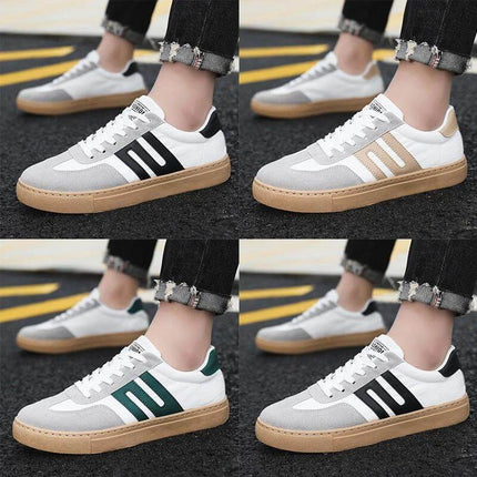 Men's Casual Canvas Sneakers White Black Board Shoe Style - white canvas board shoes with black stripes, gum sole, round toe and lace-up, breathable everyday sneaker